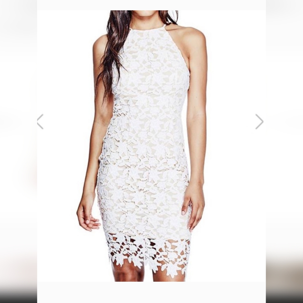 Guess Flume High Neck Midi Lacke White Dress